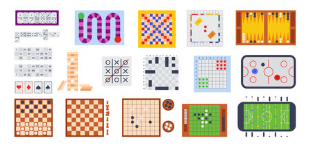 Different card and sports board games vector illustrations set. Boards for checkers, chess, mill, backgammon, table hockey and football isolated on white background. Entertainment, leisure conceptのイラスト素材