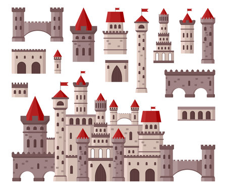 Stone castle or palace elements vector illustrations set. Cartoon drawings of walls, towers of fortress with flags, archways on white background. Architecture, construction, fantasy, history conceptのイラスト素材