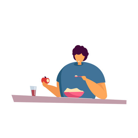 Schoolboy eating breakfast in morning flat vector illustration. Cartoon child starting his day by eating breakfast in kitchen. Everyday life and healthy food conceptのイラスト素材