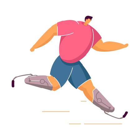 Paralympic athlete taking part in race. Flat vector illustration. Man with disability running marathon, participating in sport competition with running prostheses. Sport and healthy lifestyle conceptのイラスト素材