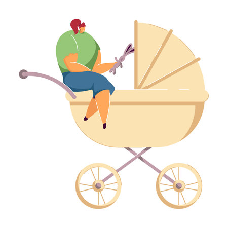 Tiny babysitter looking after baby. Cartoon female character with toy, newborn kid in carriage flat vector illustration. Babysitting, family concept for banner, website design or landing web pageのイラスト素材