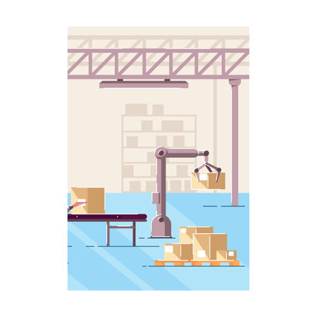 Conveyor in warehouse flat vector illustration. Work of line of automatic box packing. Digital machines. Factory, automation manufacturing process conceptのイラスト素材