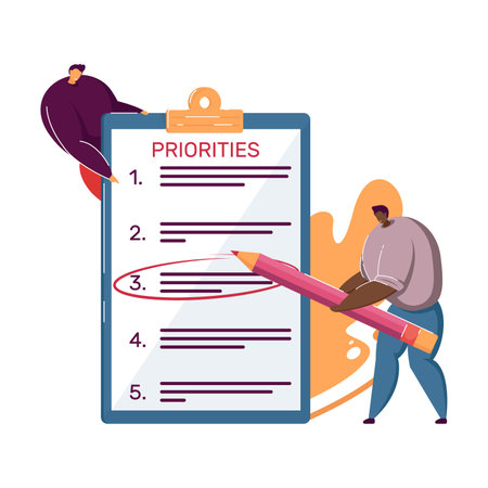 Business people making priority list. Team prioritizing tasks in checklist, marking importance. Vector illustration for planning, agenda, efficiency, progress conceptのイラスト素材