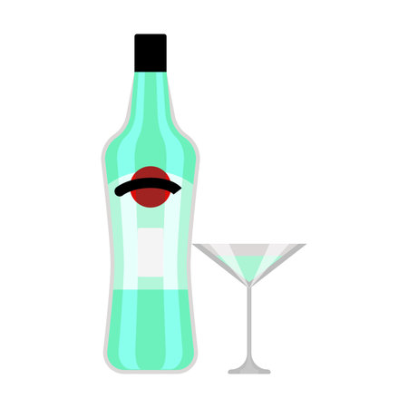 Martini vector illustration. Alcohol bottle with glass cartoon illustration. Alcoholic drinks, beverage conceptのイラスト素材