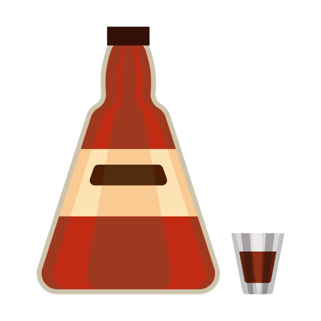 Liquor flat vector illustration. Alcohol bottle with glass cartoon illustration. Alcoholic drinks, beverage conceptのイラスト素材