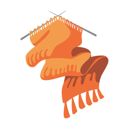 Knitting needles knit a scarf from wool isolated in white background. Hobby, handmade, clothing concept. Cute colorful knitting symbol. Cartoon vector illustration.のイラスト素材