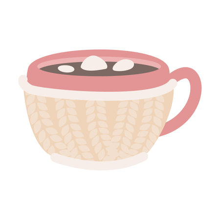 mug of cocoa with marshmallows in a handmade knitted cup holder isolated in white background. Hobby, handmade, clothing concept. Cute colorful knitting symbolのイラスト素材