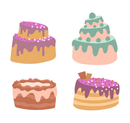 Colorful cakes with cream and frosting vector illustrations set. Collection of cartoon drawings of pies or cakes with icing isolated on white background. Bakery, desserts, food, celebration conceptのイラスト素材