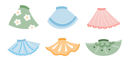 Different colorful skirts for women vector illustrations set. Collection of cartoon drawings of green, blue, pink and yellow skirts isolated on white background. Fashion, clothing conceptのイラスト素材