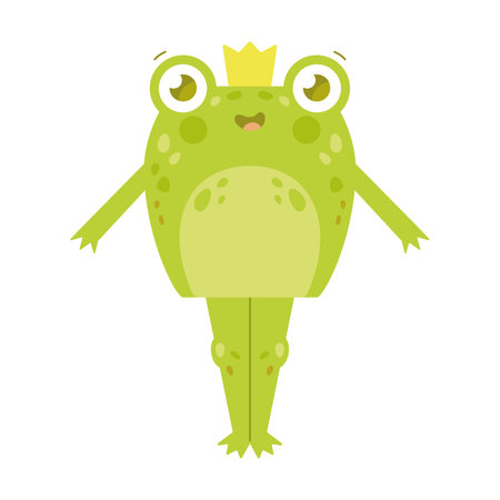 Cute happy toad standing with a crown on his head flat vector illustration. Funny drawings of green amphibian isolated on white background. Nature conceptのイラスト素材