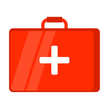 Doctor red suitcase, first aid kit. Medical equipment and preparations for treatment and examination of the patient. Flat vector isolated on white backgroundのイラスト素材