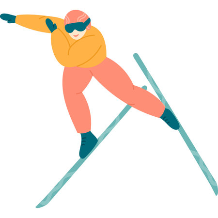 Active man skiing. Cartoon vector illustration of skier jumping from mountain in action pose isolated on white. Winter extreme sport, competition conceptのイラスト素材