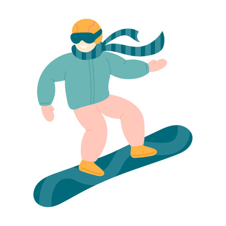 Active man snowboarding. Illustration of snowboarder jumping in action pose isolated on white. Winter extreme sportのイラスト素材