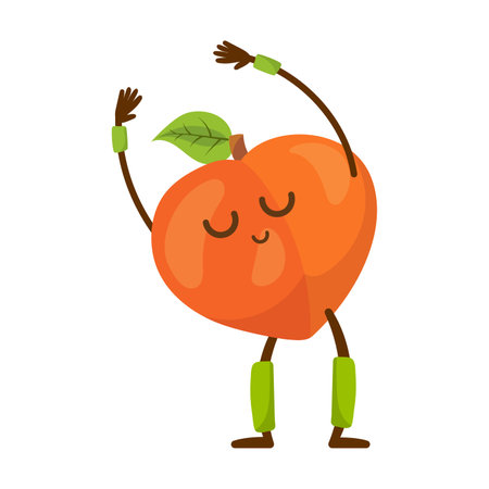 Funny peach fruit character doing yoga. Kawaii comic fruit having workout. Cartoon vector illustration. Food, body wellness, gym sport conceptのイラスト素材