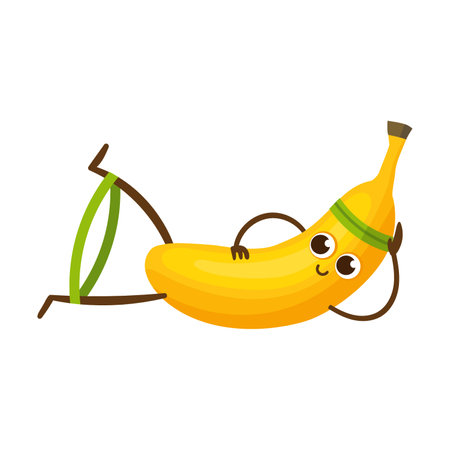 Funny ripe banana fruit character doing yoga. Kawaii comic fruit having workout. Cartoon vector illustration. Food, body wellness, gym sport conceptのイラスト素材