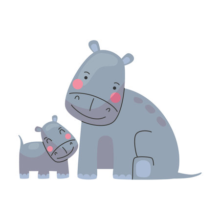 Animal fat hippo mom and baby, cute cartoon family. Vector illustration of animal happy parent and small child. Motherhood conceptのイラスト素材