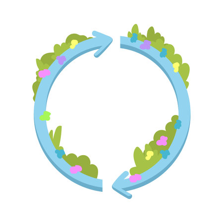 Bright ecological flat sticker. Cartoon colorful environmental element with arrows, grass and flowers isolated vector illustration. Nature protection and environment conceptのイラスト素材