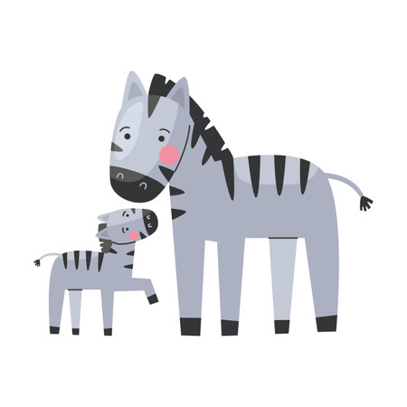 Animal striped zebra mom and baby, cute cartoon family. Vector illustration of animal happy parent and small child. Motherhood conceptのイラスト素材