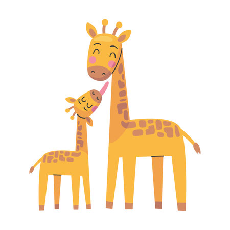 Animal spotted giraffe mom and baby, cute cartoon family. Vector illustration of animal happy parent and small child. Motherhood conceptのイラスト素材