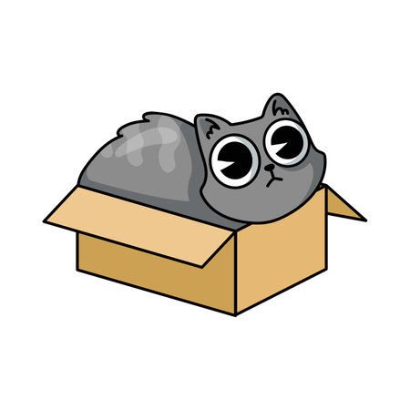 Cute cat in box sticker for T-shirt design. Cartoon funny kitten sitting in carton or cardboard box isolated vector illustrationのイラスト素材