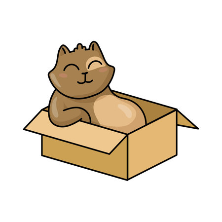 Cute satisfied smiling cat in box sticker for T-shirt design. Cartoon funny kitten sitting in carton or cardboard box isolated vector illustrationのイラスト素材
