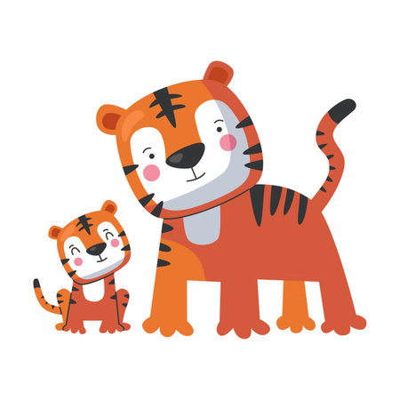 Animal striped tiger mom and baby, cute cartoon family. Vector illustration of animal happy parent and small child. Motherhood conceptのイラスト素材
