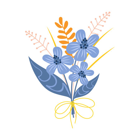 Bouquet of flowers. Summer floral with blossoms. Bunch of plants with bow on white. Romantic giftのイラスト素材