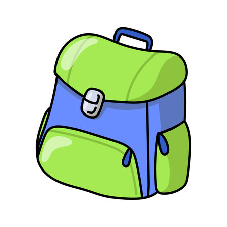 school backpack with pockets and front closure. School supplier sticker for t shirt design. Flat vector illustration for student learning. Back to school and education conceptのイラスト素材