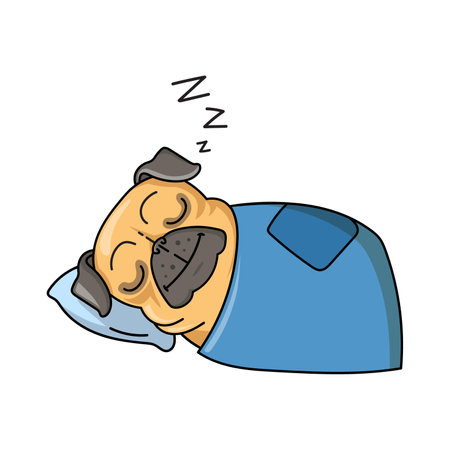 Funny pug sleeping covered with a blanket flat sticker. Adorable pug dog cartoon character isolated vector illustration for t shirts. Animal sketch and mascot conceptのイラスト素材