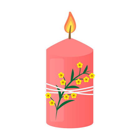 Candlelight cartoon vector illustration. Aroma therapy, decoration, hobby, handmade concept. Burning candles with flowers and herbs in candlesticksのイラスト素材