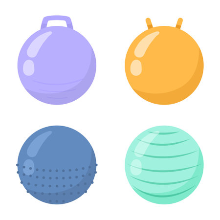 Colorful stability or exercise balls vector illustrations set. Equipment for working out or exercising isolated on white background. Sports, healthy lifestyle, fitness conceptのイラスト素材