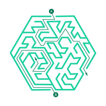 Colorful hexagon labyrinth cartoon vector illustration. Abstract puzzle, path with wrong direction and exit. Riddle, game, maze, mystery, map conceptのイラスト素材