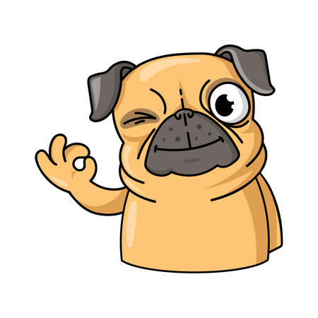 Funny pug showing like gesture of approval flat sticker. Adorable pug dog cartoon character isolated vector illustration for t shirts. Animal sketch and mascot conceptのイラスト素材