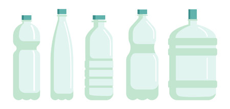Bottles for water of different shapes vector illustrations set. Cartoon drawings of containers for liquid isolated on white background. Ecology, environment, recycling conceptのイラスト素材
