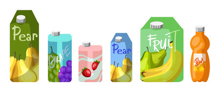 Cartons of different fruit juices vector illustrations set. Collection of grape, pear, banana juices in boxes, strawberry milk, orange juice bottle on white background. Beverage, shopping conceptのイラスト素材