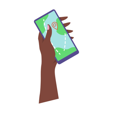 Hand holding smartphone and ploting route using GPS. Cartoon vector illustration. People using online app. Mobile, Internet, technology conceptのイラスト素材