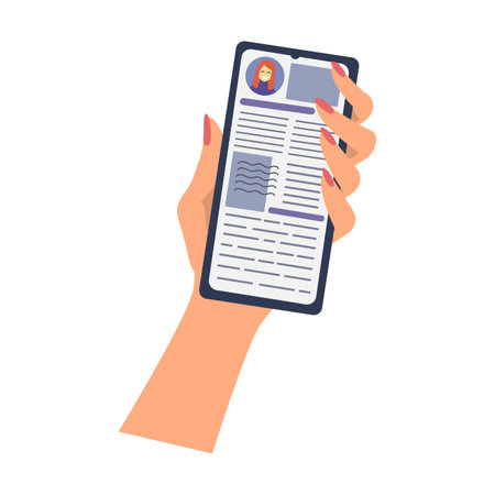 Hand holding smartphone and reading messages in social network. Cartoon vector illustration. People using online app. Mobile, Internet, technology conceptのイラスト素材