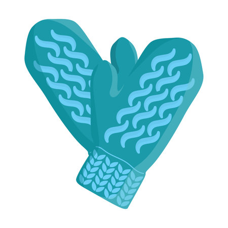 Trendy knitted winter children woolen mittens flat vector illustration. Woman knitting woolen mittens on white backgroundのイラスト素材