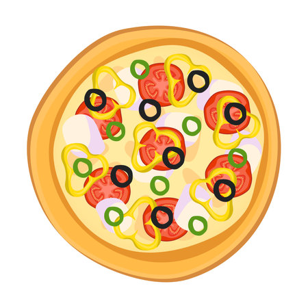 Pizza from restaurant isolated on background. Pizza with tomato sauce and juicy stuffing ingredients for pizzeria dish card. Vector illustrationのイラスト素材