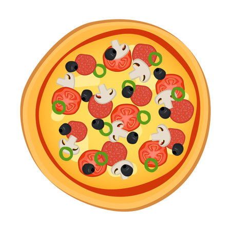 Pizza with tomato sauce and juicy stuffing ingredients for pizzeria dish card. Vector illustration. Pizza from restaurant menu isolated on backgroundのイラスト素材