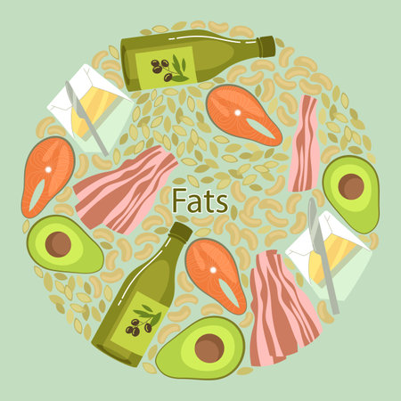 Round pattern with different sources of fats vector illustration. Cartoon drawings of cashew nuts, seeds, fish, avocados, olive oil on green background. Food, nutrition, diet, health conceptのイラスト素材