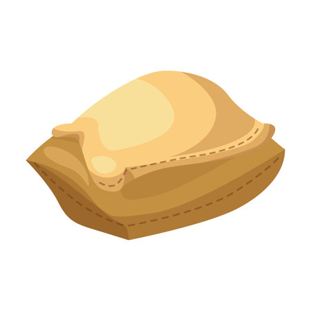 Burlap bag of grains illustration. Tied sack of flour, sugar, rice, wheat or rye with label isolated on white background. Agriculture, food conceptのイラスト素材