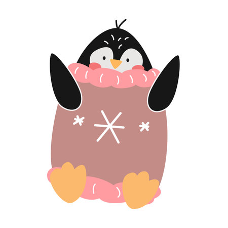 Cute penguin wear warm knitted sweaters, cartoon character vector illustration. Funny comic bird isolated on white background. Winter activities conceptのイラスト素材