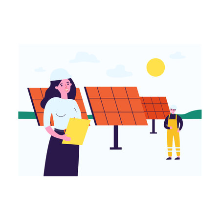 Electricians installing solar panels in field. Professional cartoon technicians setting up renewable energy sources flat vector illustration. Alternative energy concept for bannerのイラスト素材