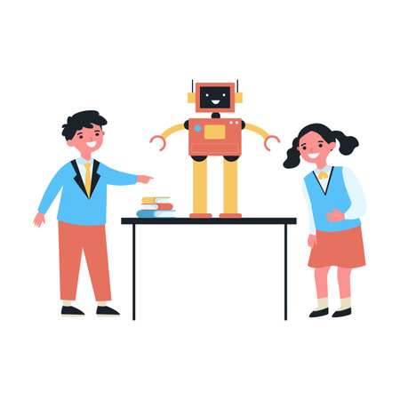 Children learning robotics in classroom. Flat vector illustration. Teacher pointing to blackboard, kids studying robot standing on school desk. Robotics, school, modern technologyのイラスト素材