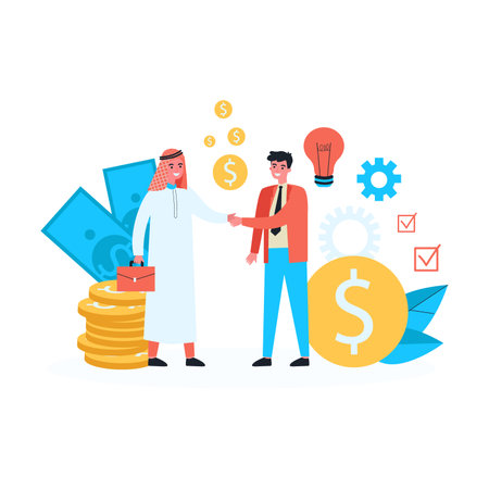 Happy Arab and Caucasian businessmen making deal. Man in national clothes shaking hands with man in suit flat vector illustration. Partnership, investment concept for websiteのイラスト素材