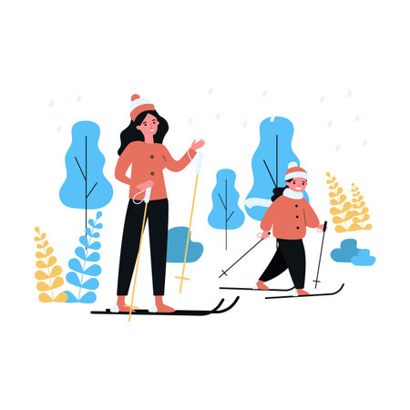 Mom and daughter skiing together. Flat vector illustration. Woman, little girl in winter clothes skiing under snow, enjoying company of each other. Family, winter holidaysのイラスト素材