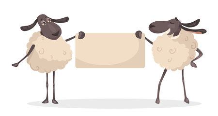 Two comic sheep holding empty banner vector illustration. Cartoon drawing of mammal characters with announcement isolated on white background. Advertising, marketing, information, presentation conceptのイラスト素材