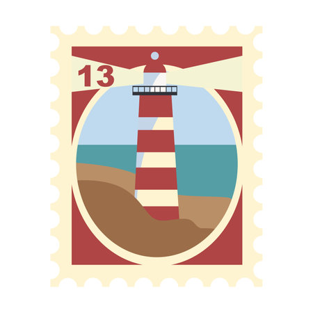 Post stamp with lighthouse on ocean cartoon illustration. Beautiful cute postage stamp on nature theme for envelopes. Mail, post office conceptのイラスト素材