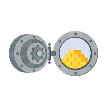 Bank vault cartoon illustration. Metallic or steel safe or cash depository. Money, treasure, security, safety conceptのイラスト素材